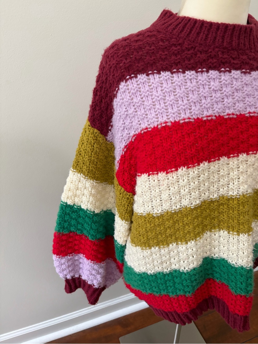 BiBi Multicolor Striped Chunky Crewneck Sweater Sz L Retro Trendy - Picture 5 of 8